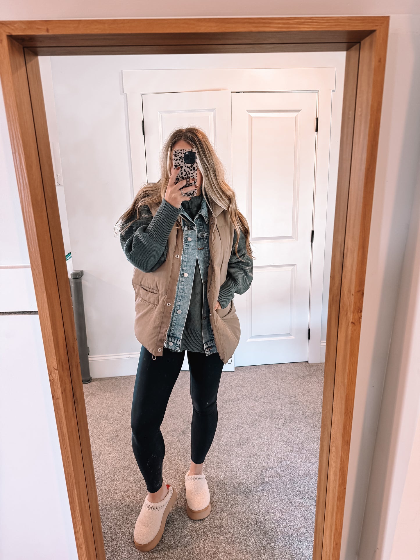 Denim Puffer Vest - Taupe
