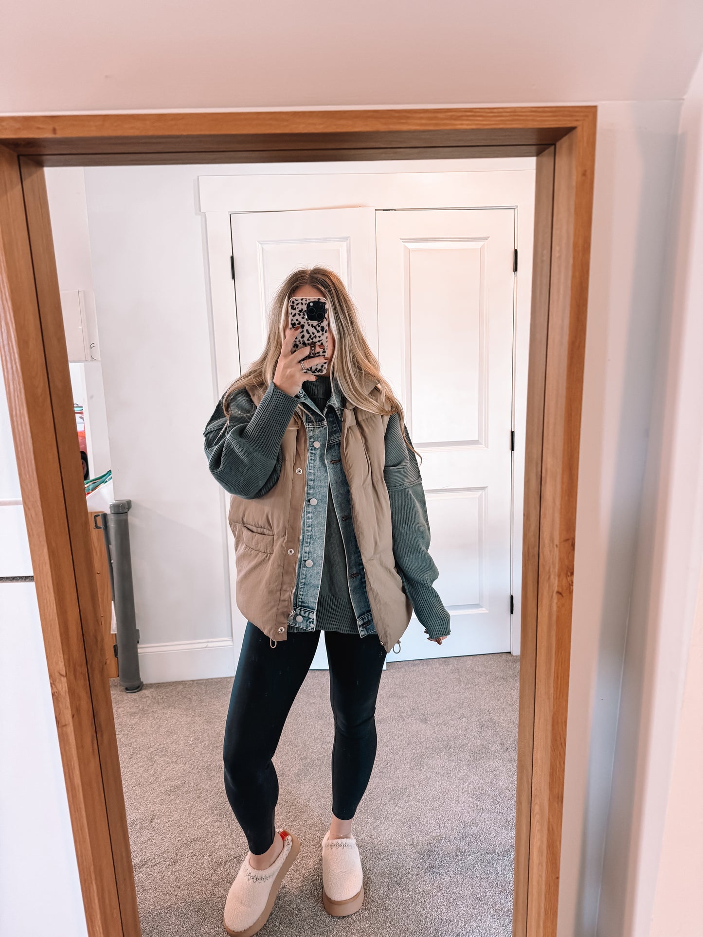 Denim Puffer Vest - Taupe