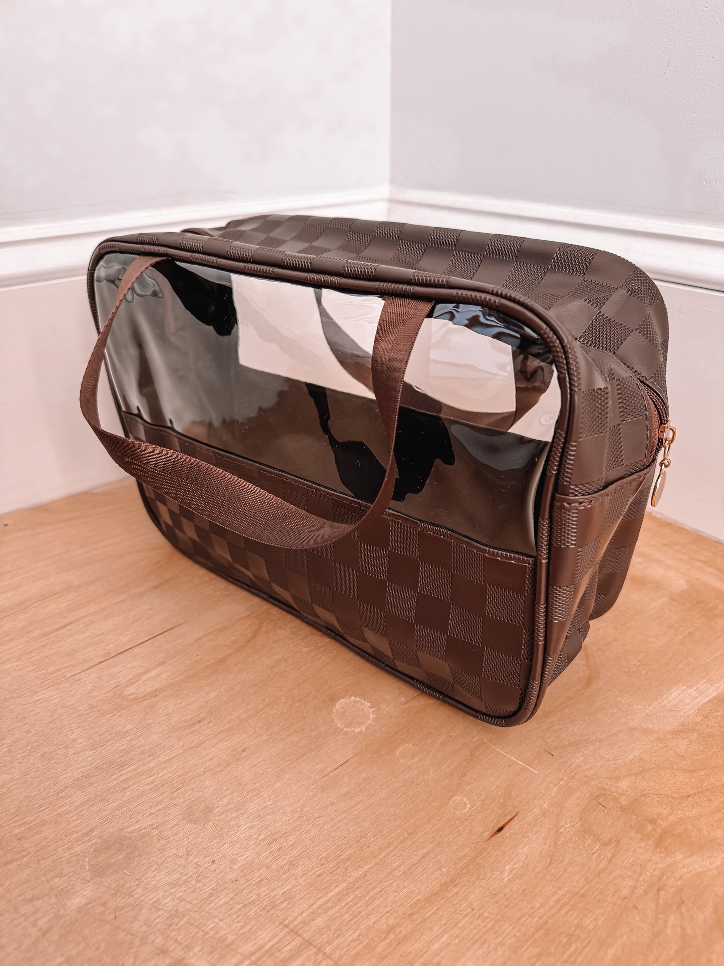Checkered Travel Clear Bag - Brown