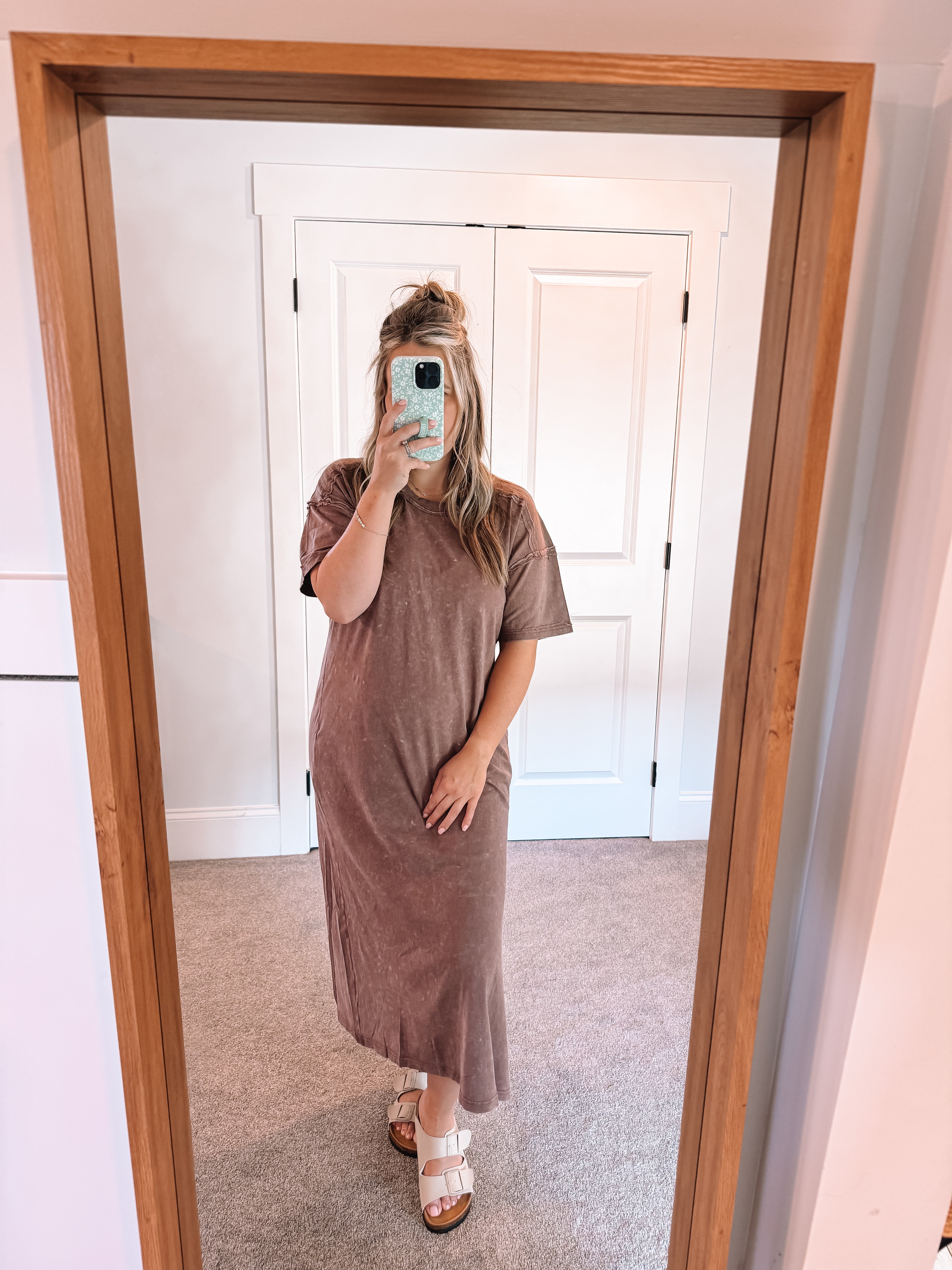 chocolate brown t shirt dress ASOS DESIGN crew neck midi T-shirt dress with ruched side in chocolate
