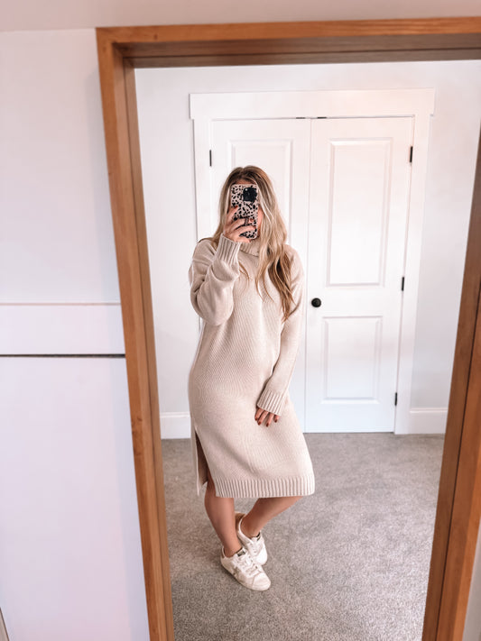 Turtleneck Sweater Dress - Beige