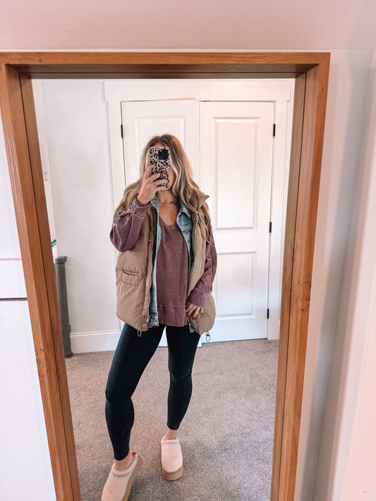 Denim Puffer Vest - Taupe