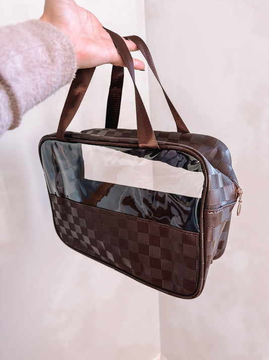 Checkered Travel Clear Bag - Brown